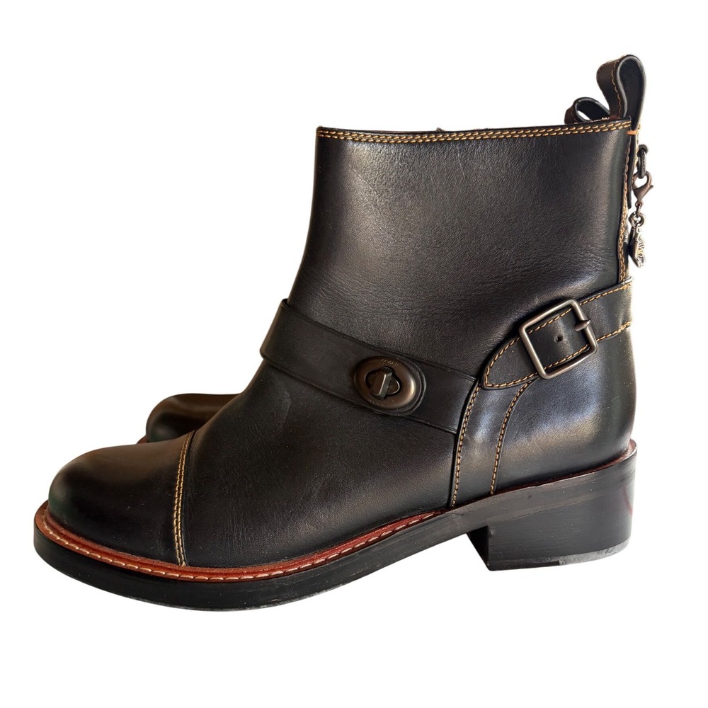 Coach G1192 Black Leather Turnlock Tea Rose Boots 9.5 B Cap Toe Zipper UNUSED - Picture 2 of 9